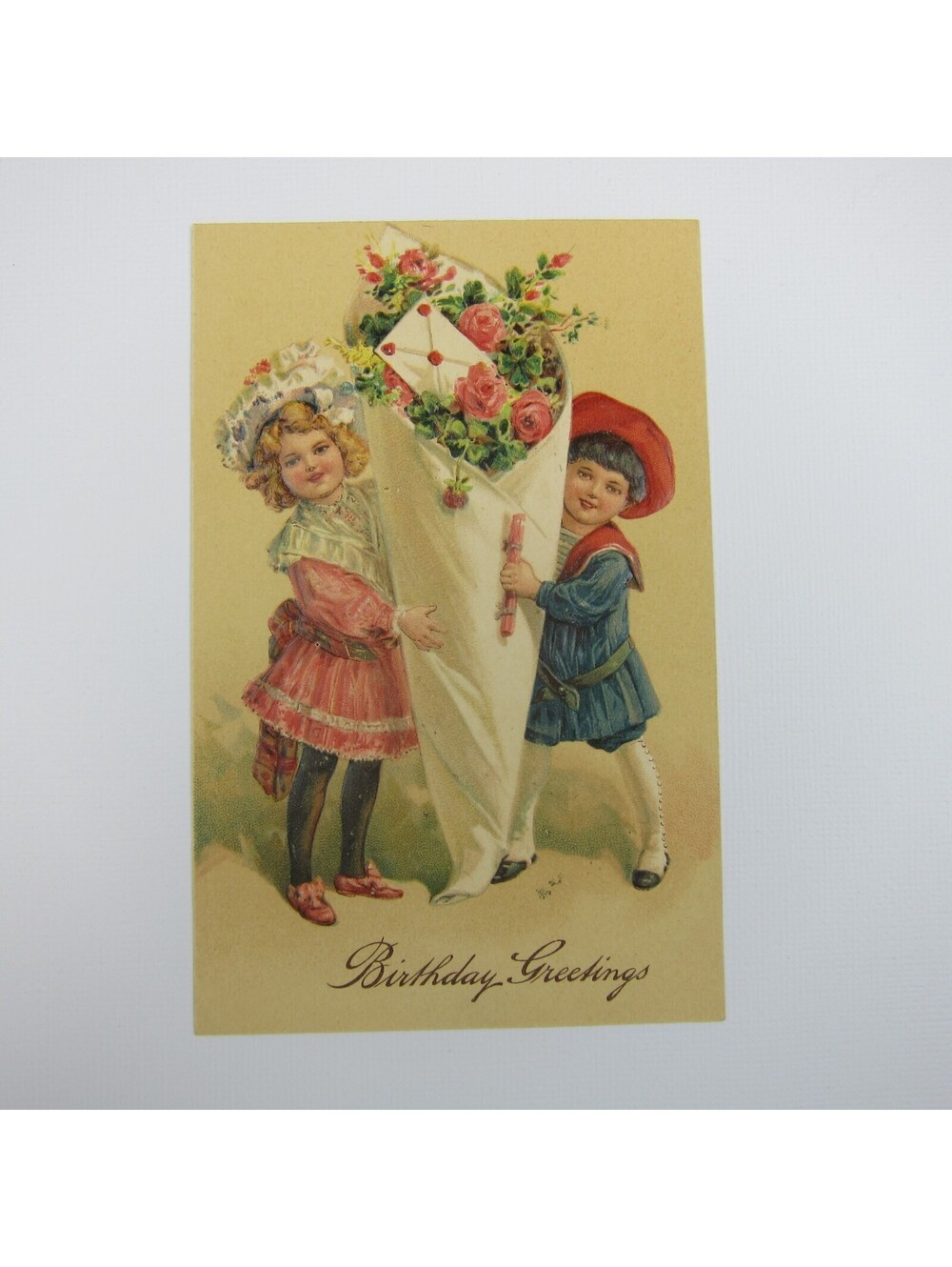 Postcard Birthday Greeting Antique Girl Pink Dress Boy Sailor Roses Embossed